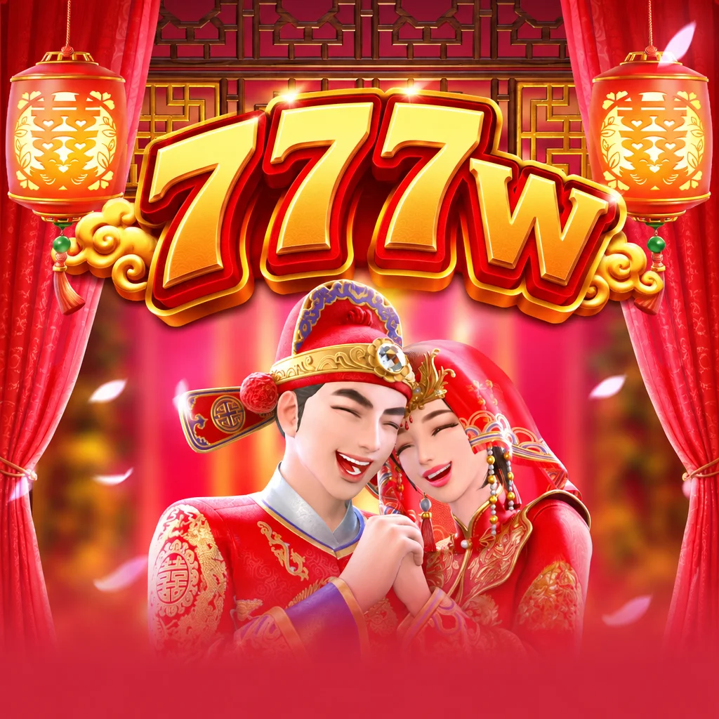 Logo 777w dan pasangan pengantin bertema pernikahan tradisional Cina pada Double Fortune