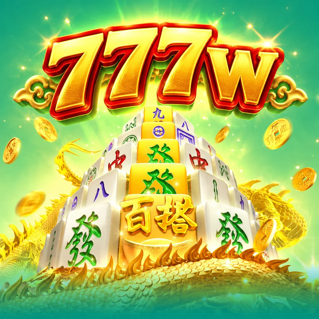 Logo 777w dengan piramida ubin Mahjong Ways 2 berlatar naga emas