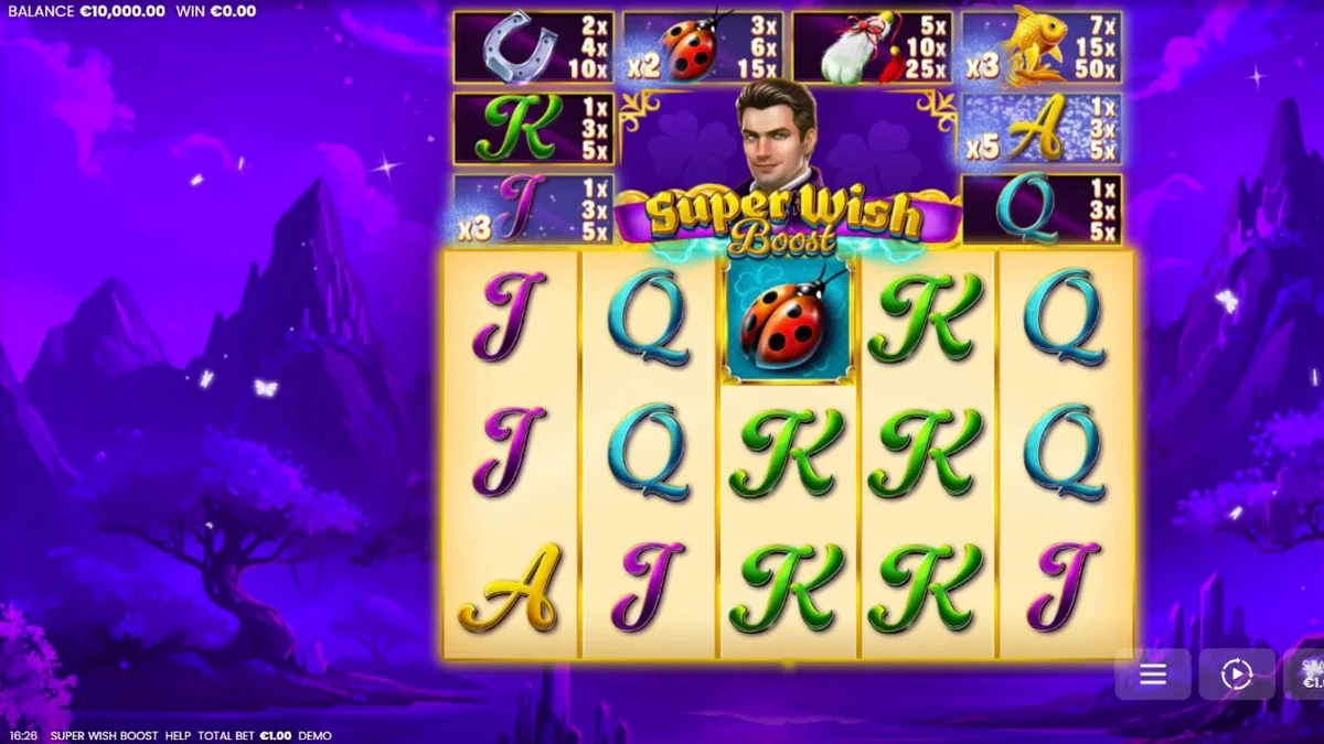 Pemandangan magis dalam slot Super Wish Boost dengan tema fantasi dan simbol keberuntungan